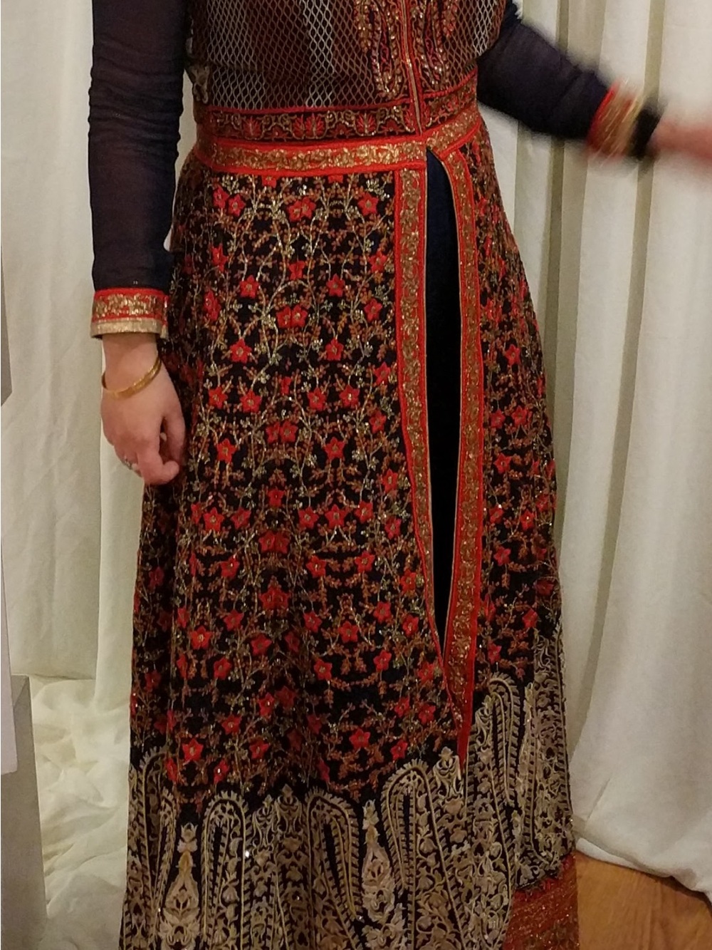 Embroidered Floral Black and Red Maxi Skirt
